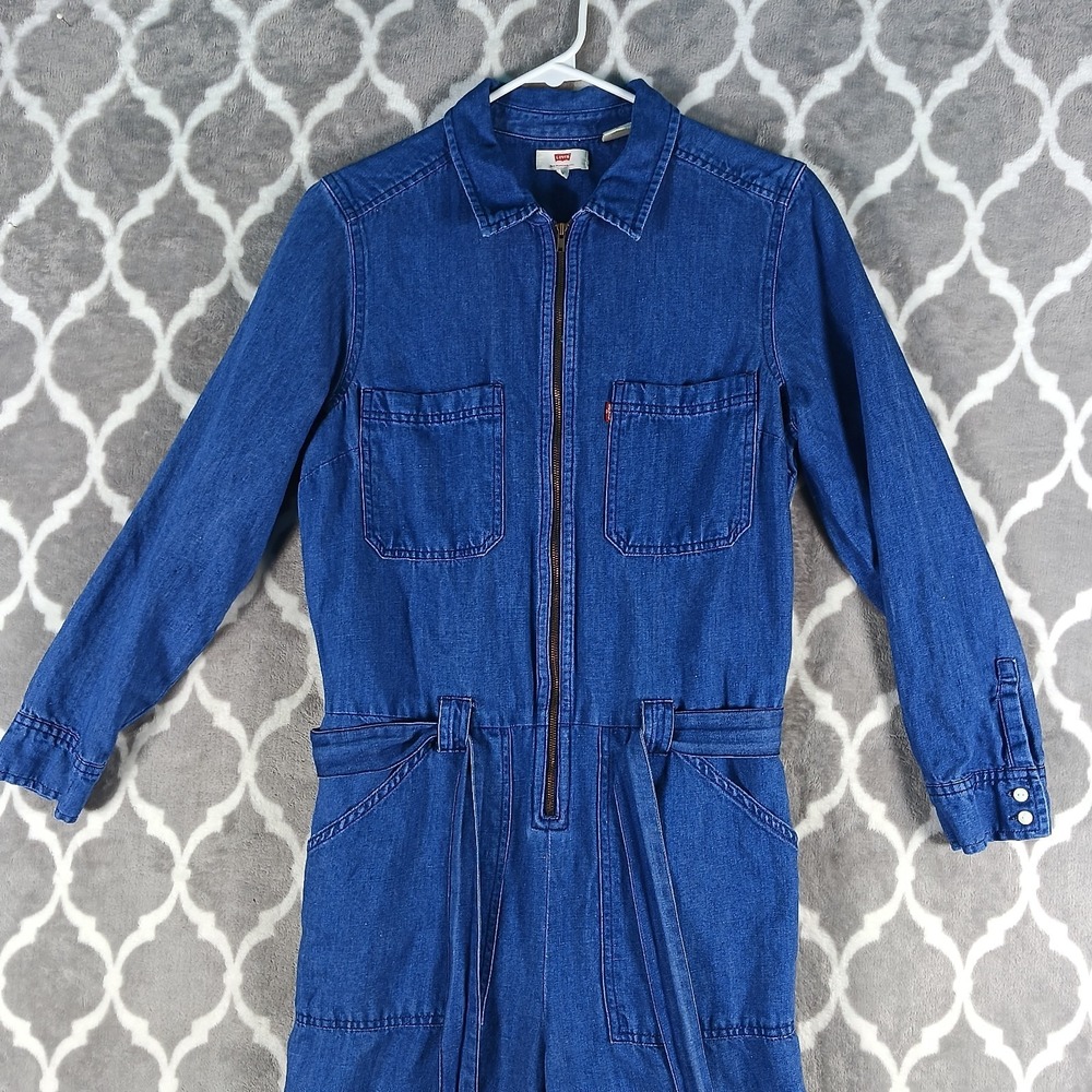 Levis Denim Jumpsuit Women Medium Blue Zip Front Tie Waist Utility Coveralls - Picture 10 of 13